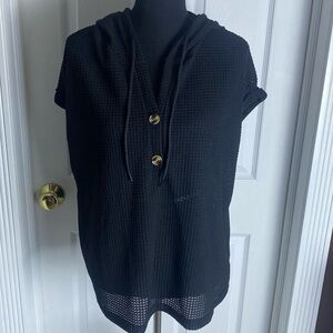 SHEIN Women’s Waffle Knit Black V-Neck Hooded Cover Up Sz XL NWOT